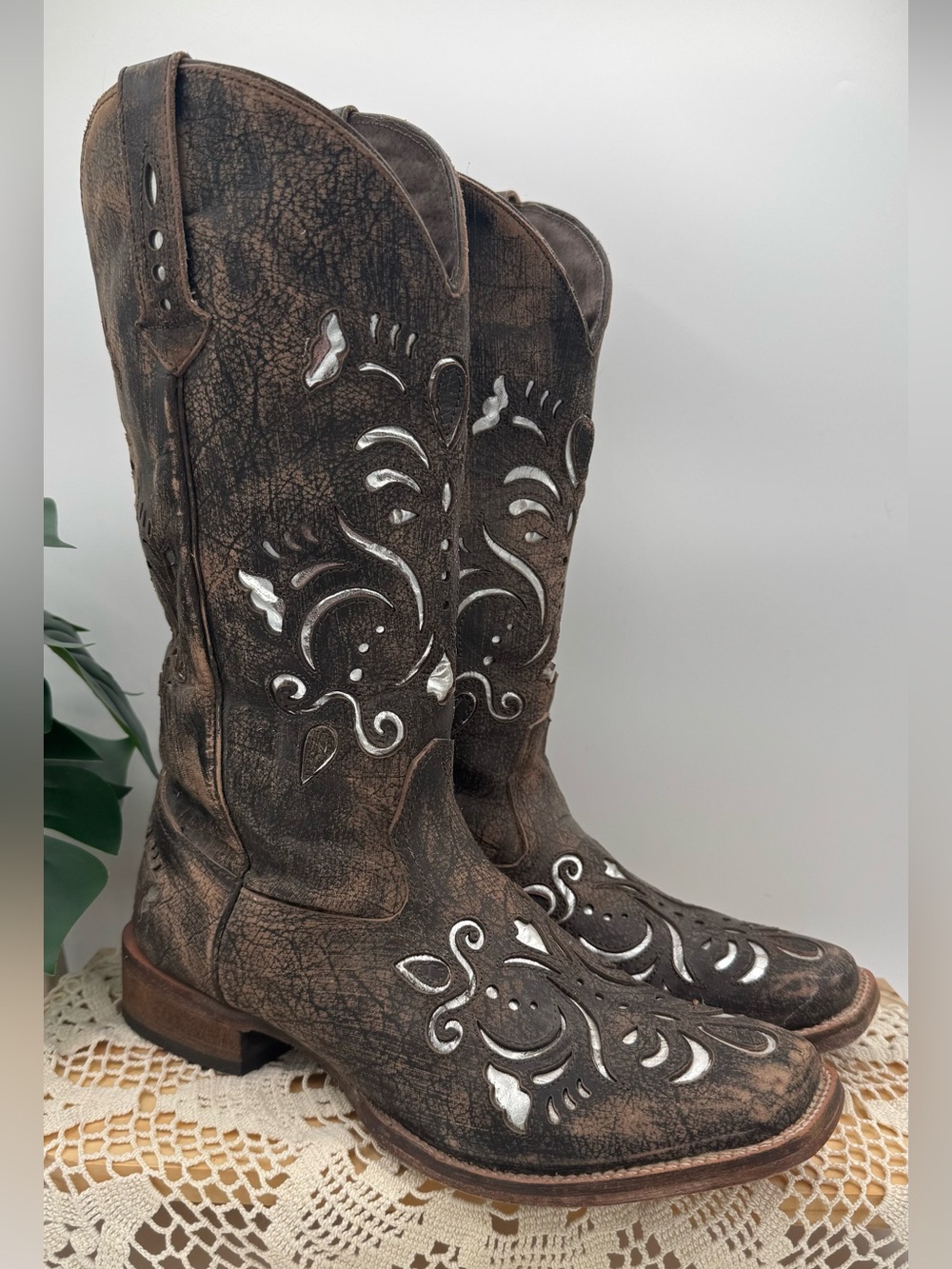 Roper Belle Metallic Silver & Distressed Brown Leather Cowgirl Boots